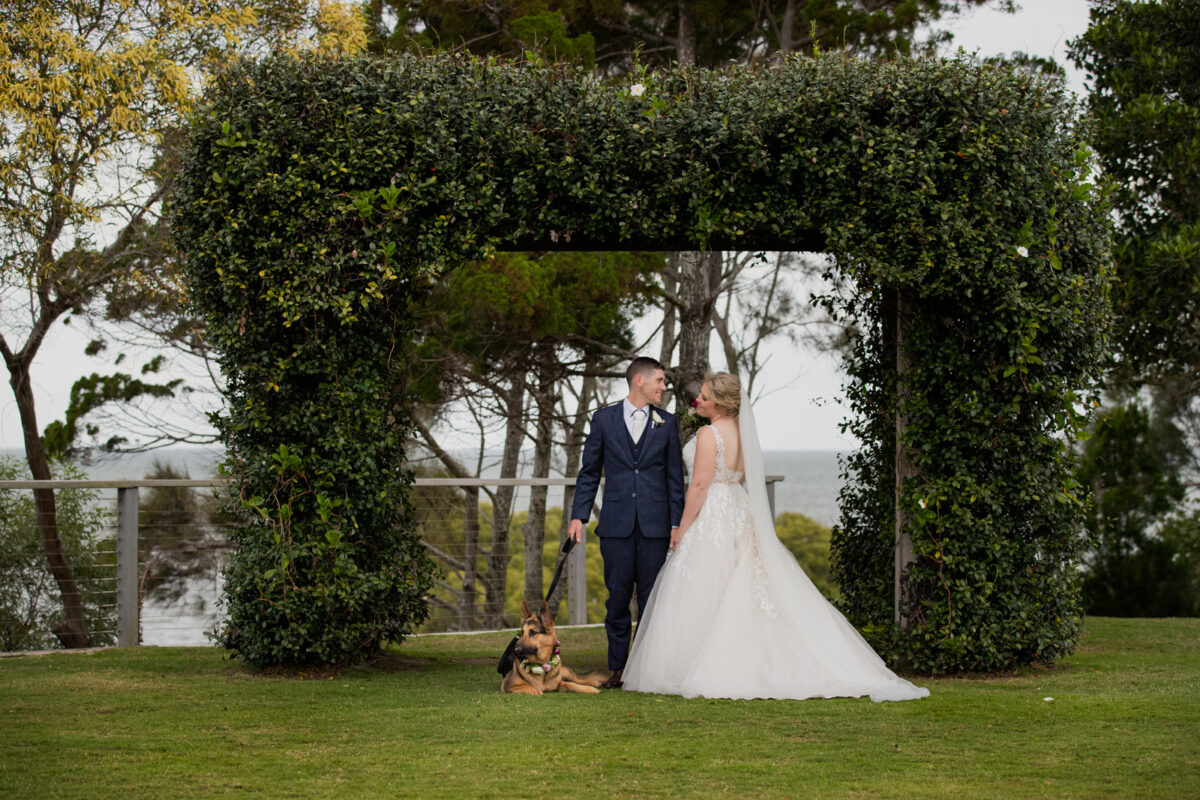 Bride, Groom and their dog at Sandstone Point Hotel Wedding